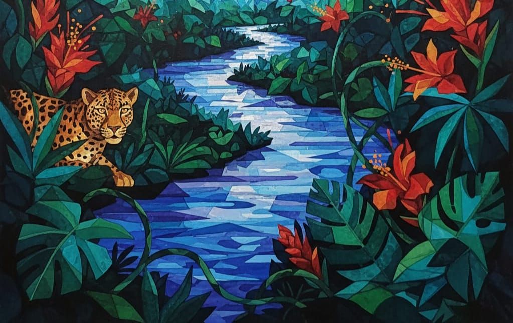 Cubist Indigo River Landscape at Midnight with Amazon Jungle