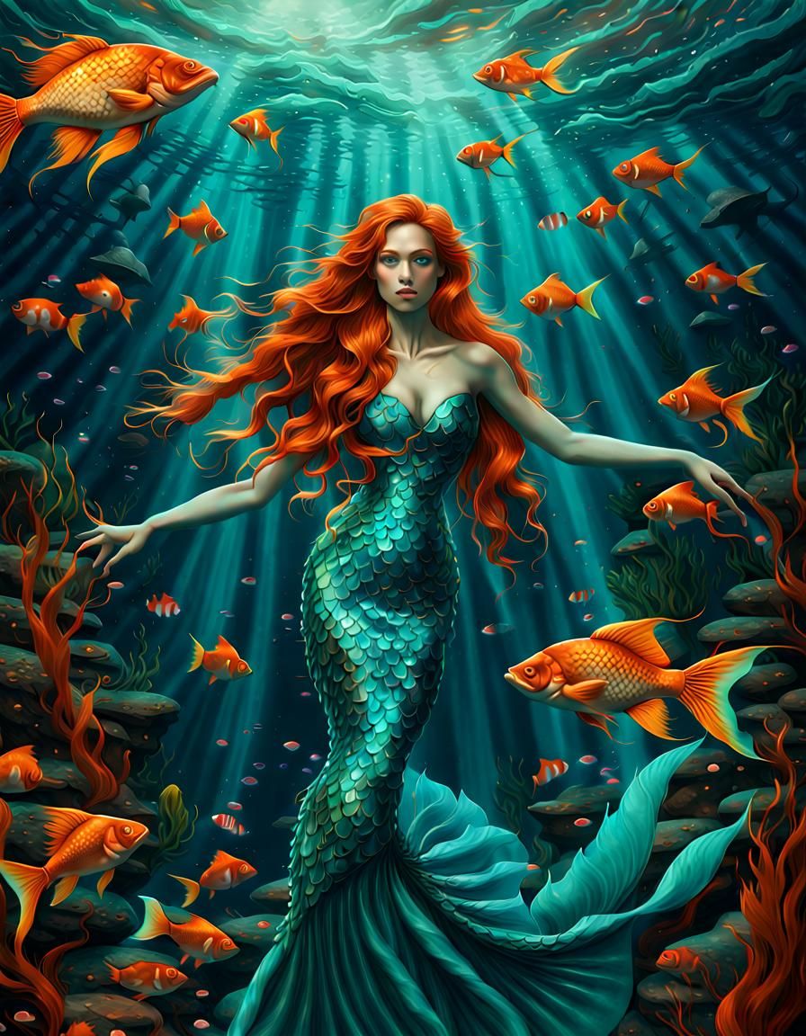 Red-Haired Mermaid in Turquoise Dress, Fantasy Art