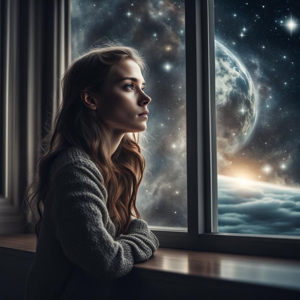 Enigmatic Space Maiden Contemplates Celestial Horizons