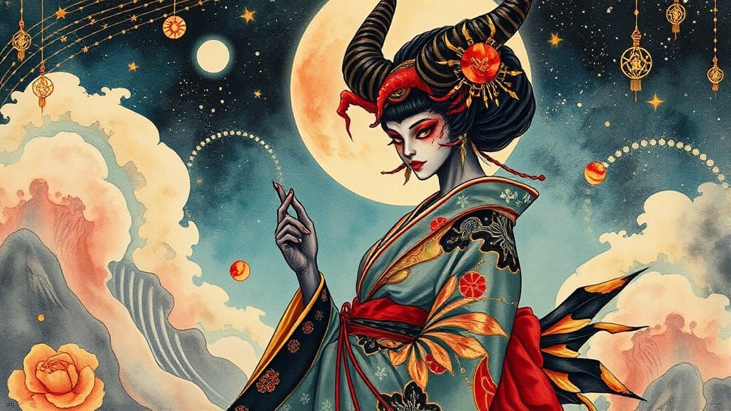 Oni Geisha in Astral Dreamscape, Art Nouveau Style