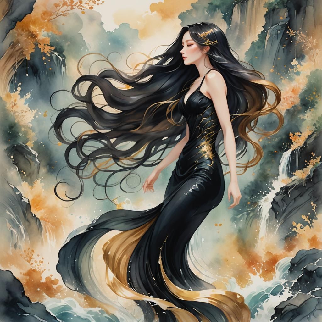 Elegant Woman in Flowing Dress, Anime Style Illustration