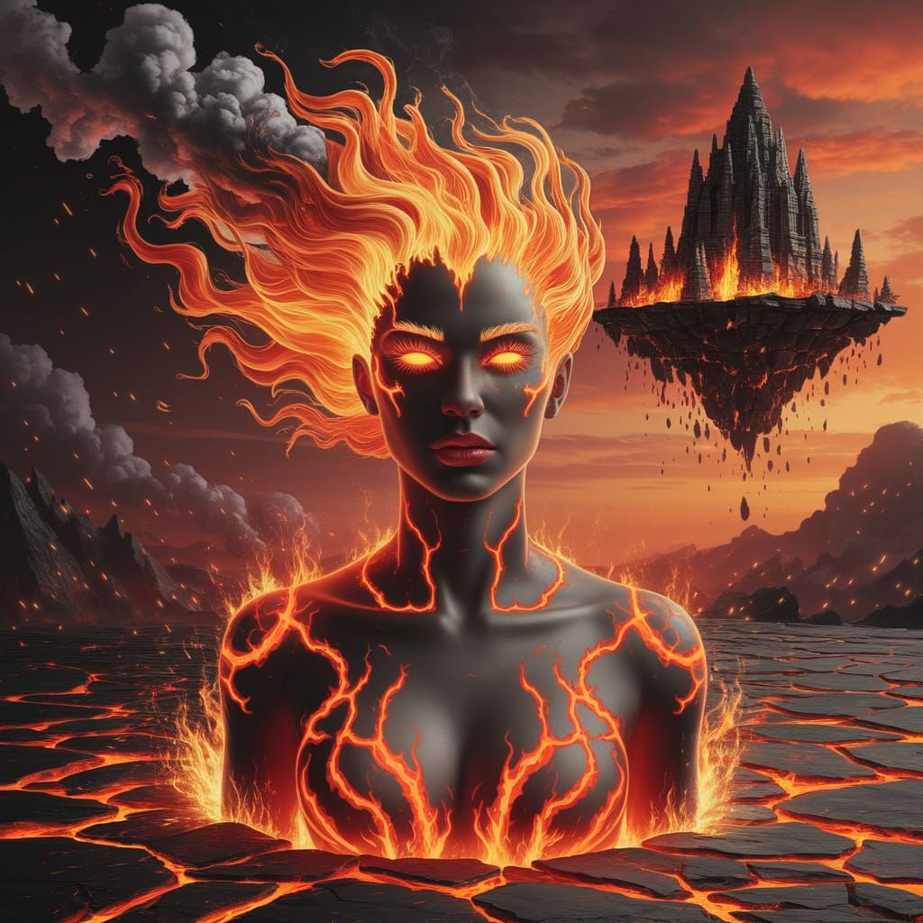 Fiery Flame Goddess Portrait in Elemental Surrealism