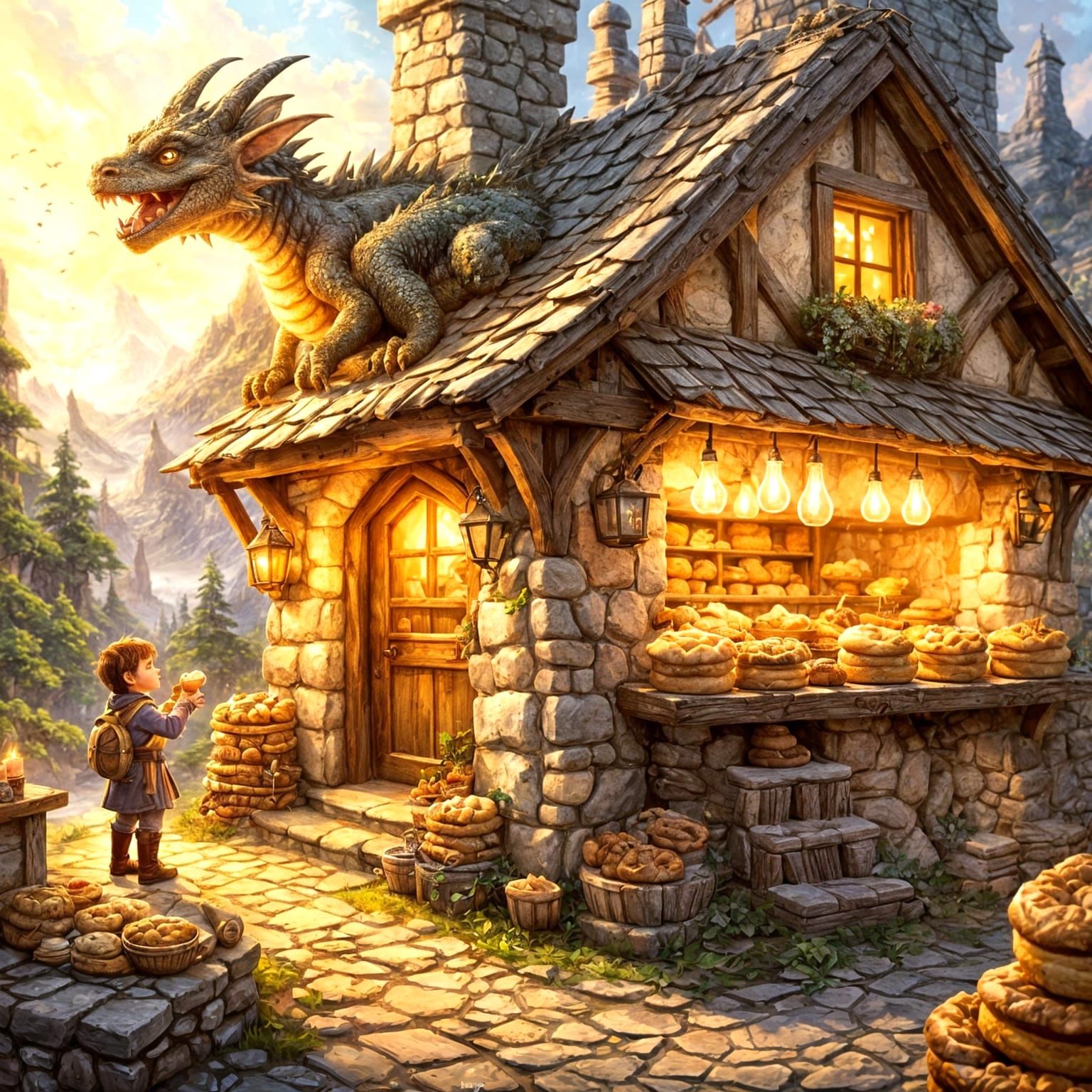 Cozy Halfling Bakery Scene with Golden Line Art