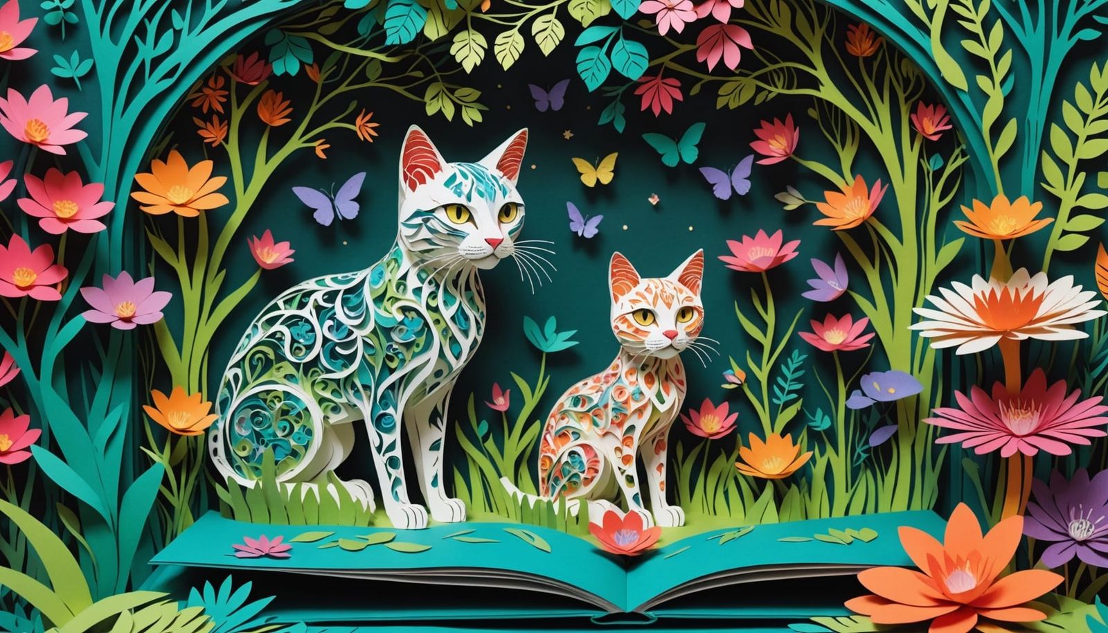 Intricate Paper Felines in a Bioluminescent Garden
