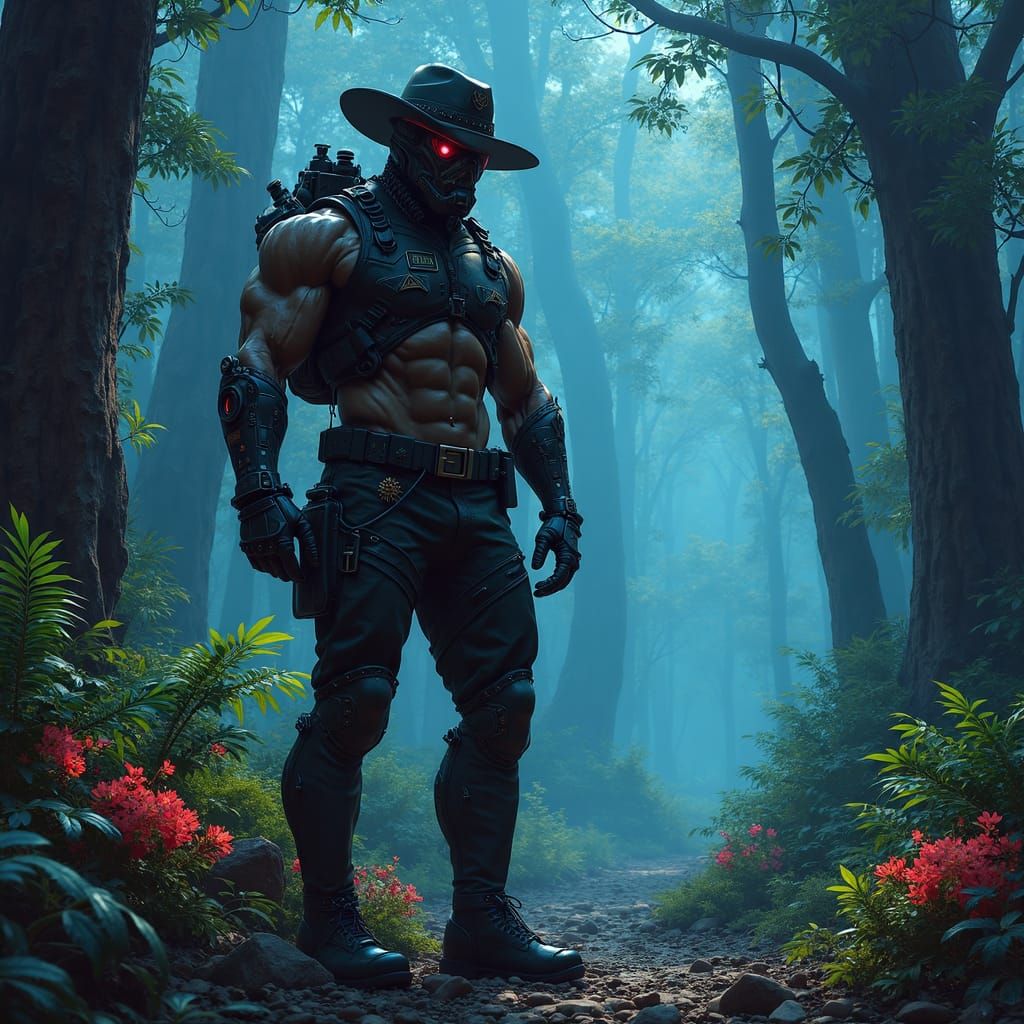 Cyborg Park Ranger in Bioluminescent Cyberpunk Forest