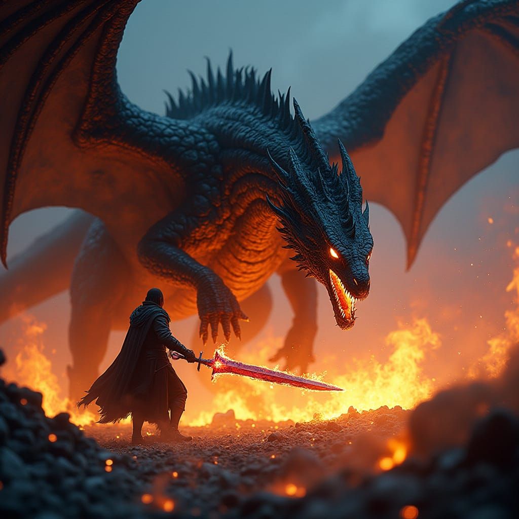 Majestic Dragon Emerges from Inferno, Wielding Enchanted Fir...