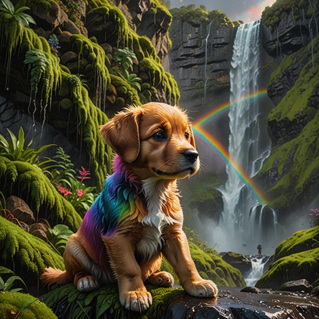 Hyperrealistic Puppy Gazing at Waterfall Rainbow