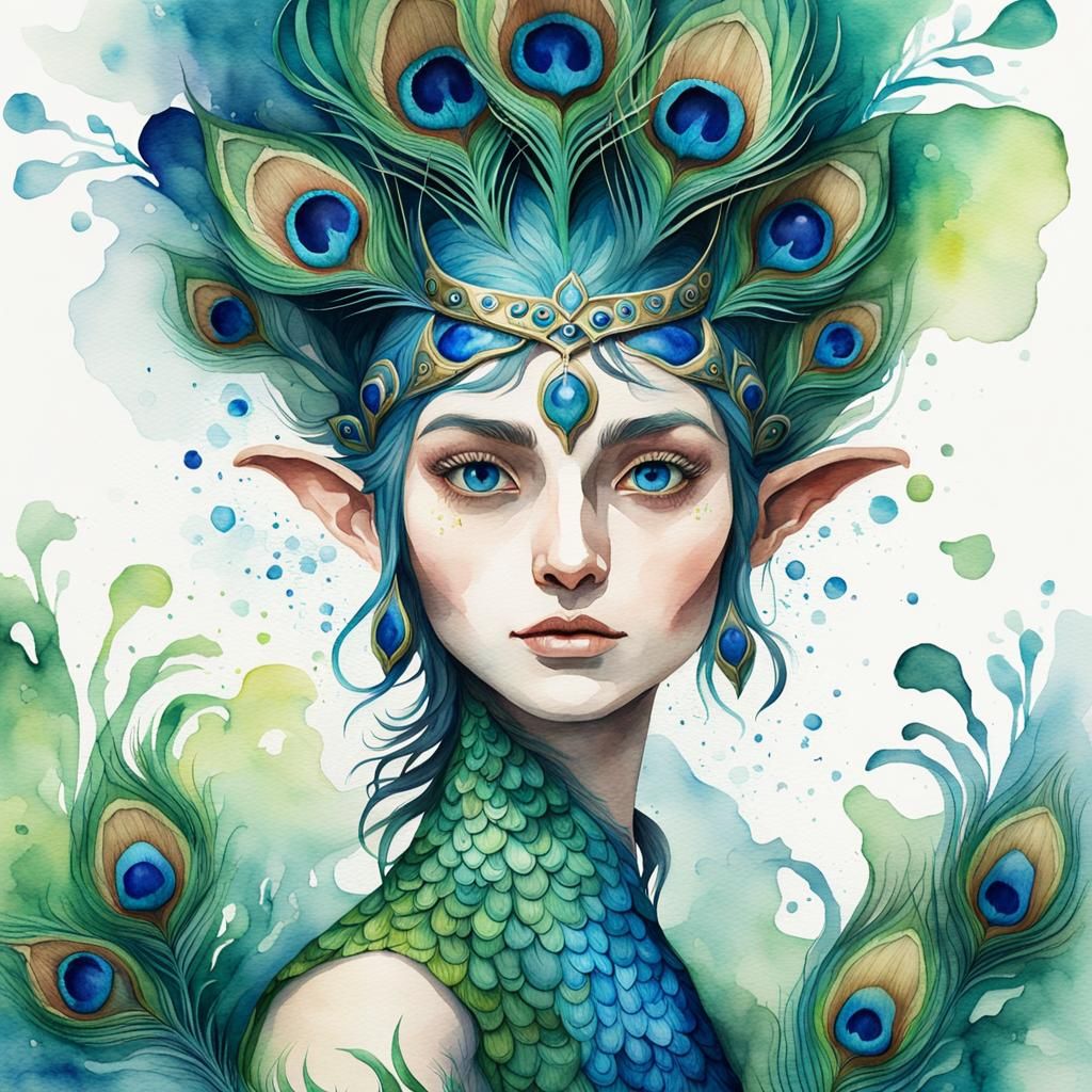 Surreal Peacock Elf in 3D Watercolor