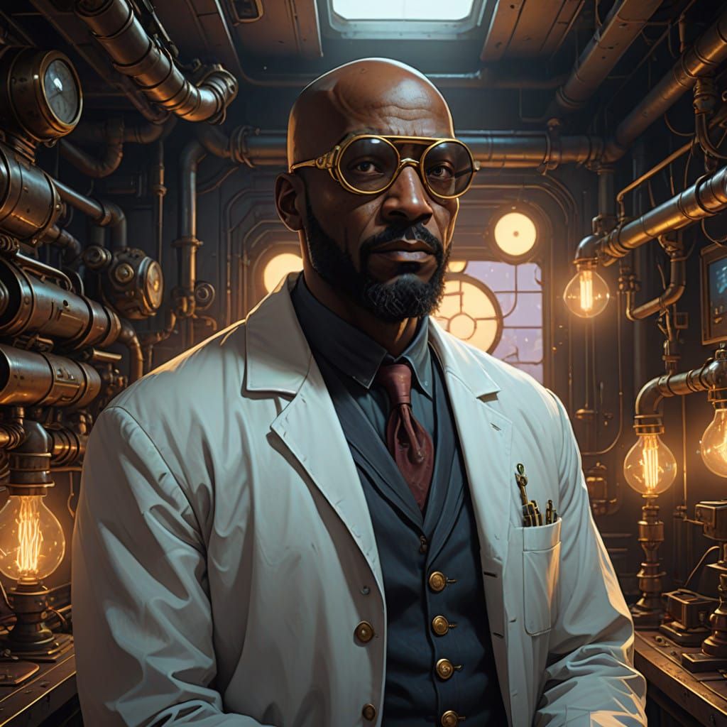 Eccentric Inventor in Steam Punk Laboratory