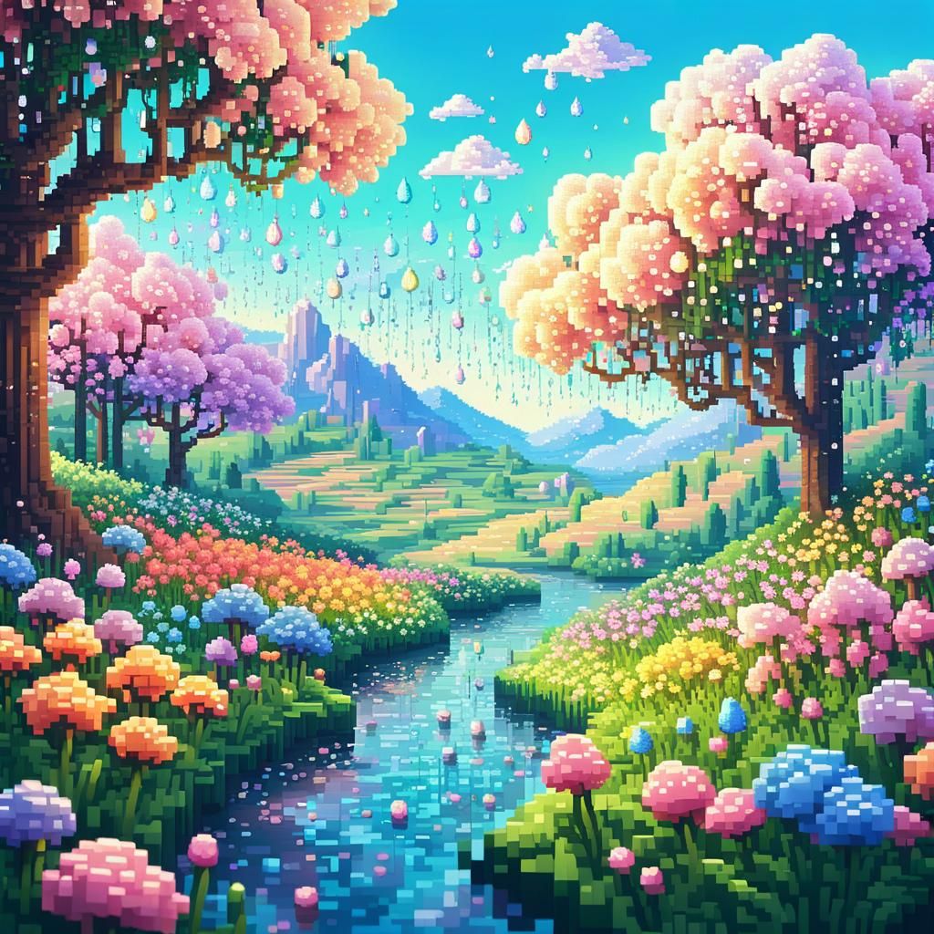 Magical Springtime Landscape in Pixel Art Style