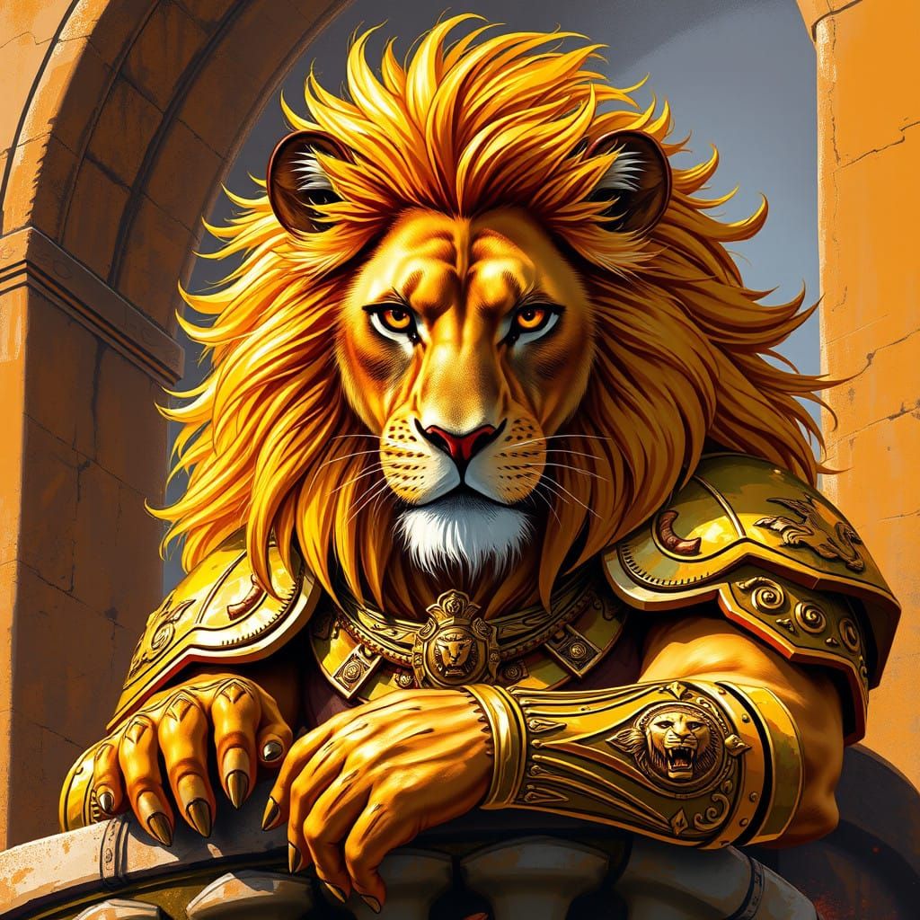 Regal Lioness Empress in Golden Armor Gaze Over Her Kingdom