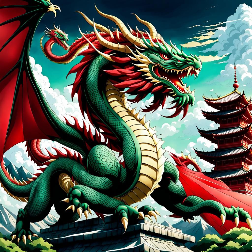 Majestic Chinese Dragon Flying in Anime Style