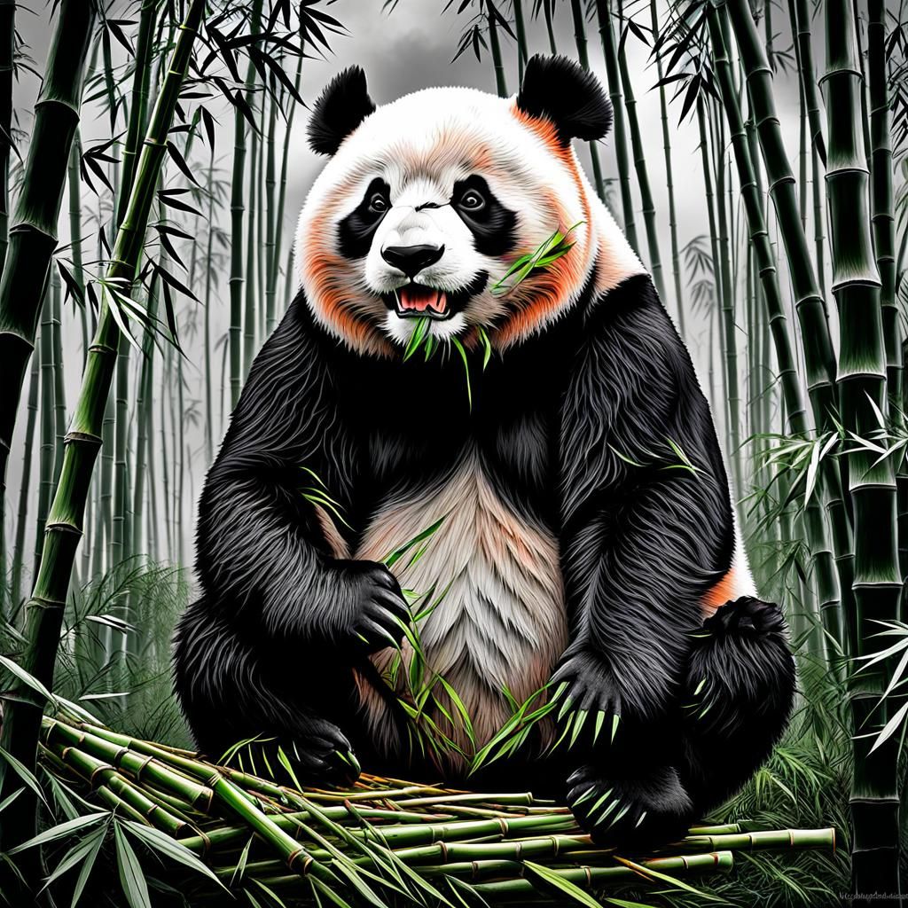 Panda in Stormy Bamboo Grove, Selective Color Ink Wash
