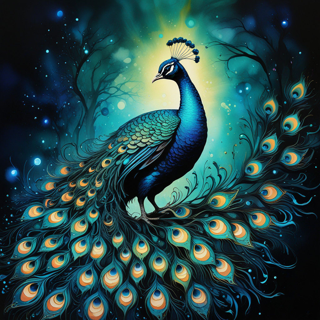 Surreal Bioluminescent Fantasy Peacock in Vibrant Oil Paint....