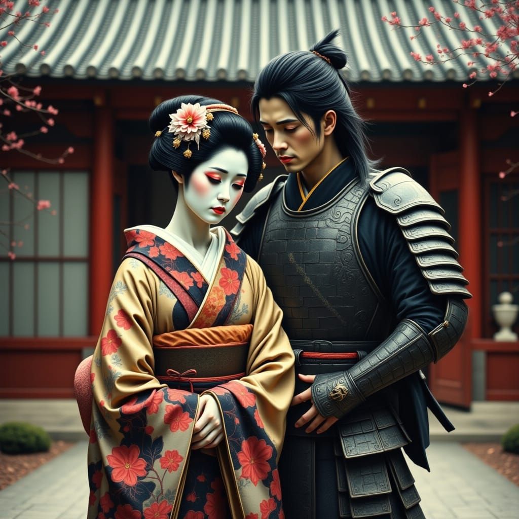 Samurai and Geisha Before Ancient Japanese Temple