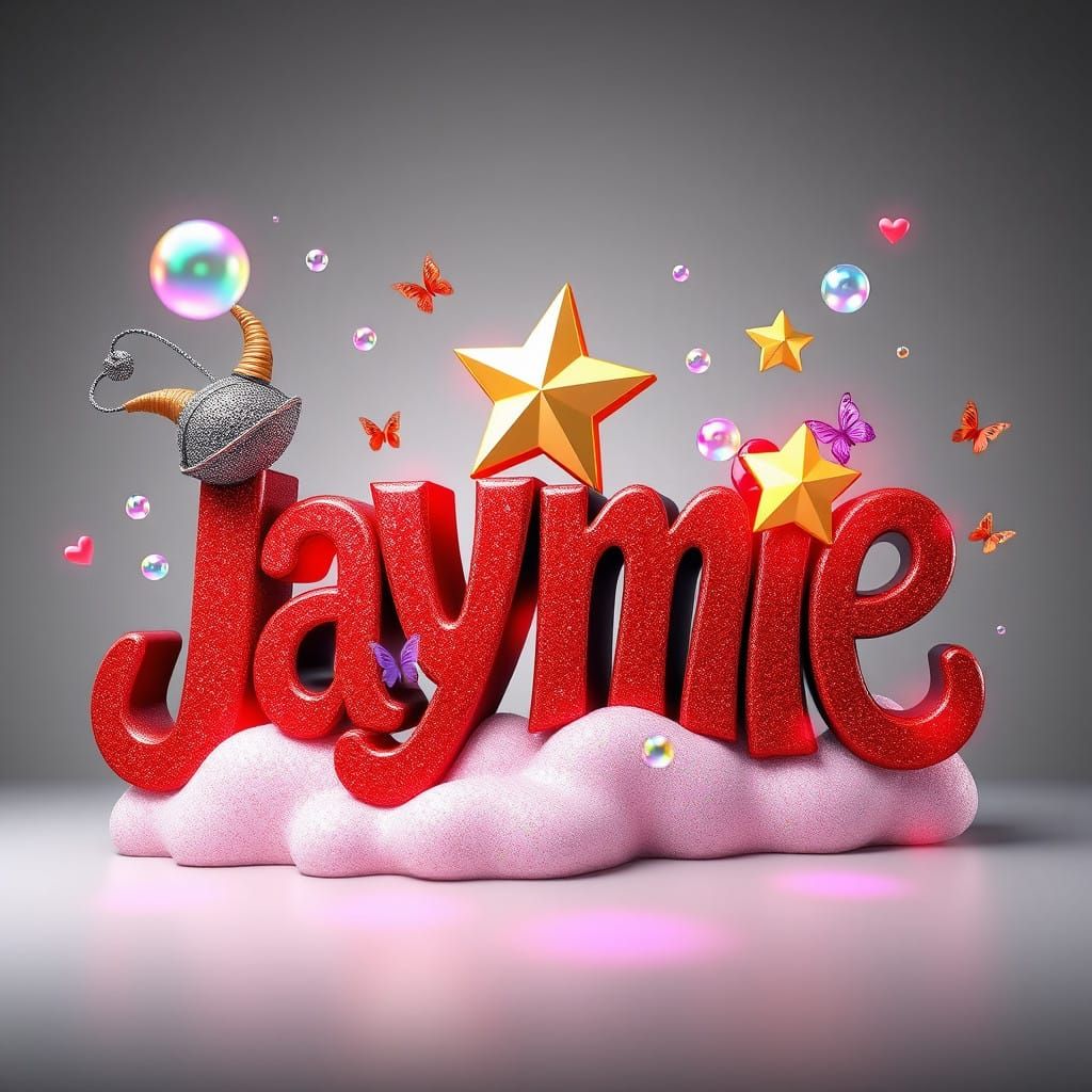 Whimsical 3D Logo in Vibrant Red and Black with Glittery Det...
