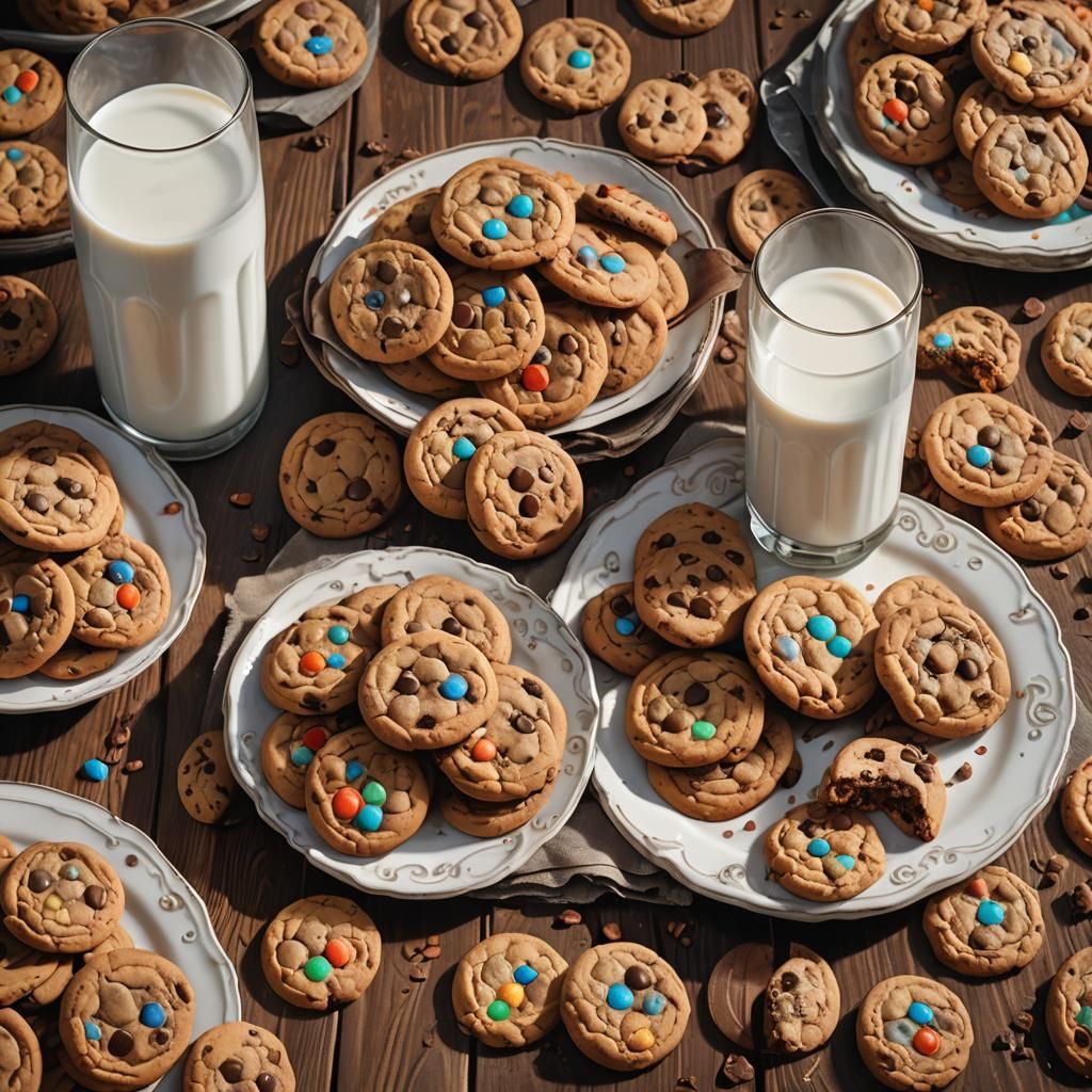 Chocolate Chip Cookies and Milk on Rustic Table
