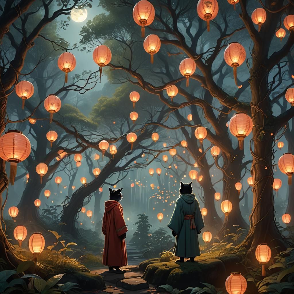 Half-Cat Person in Ethereal Forest, Fantasy Concept Art