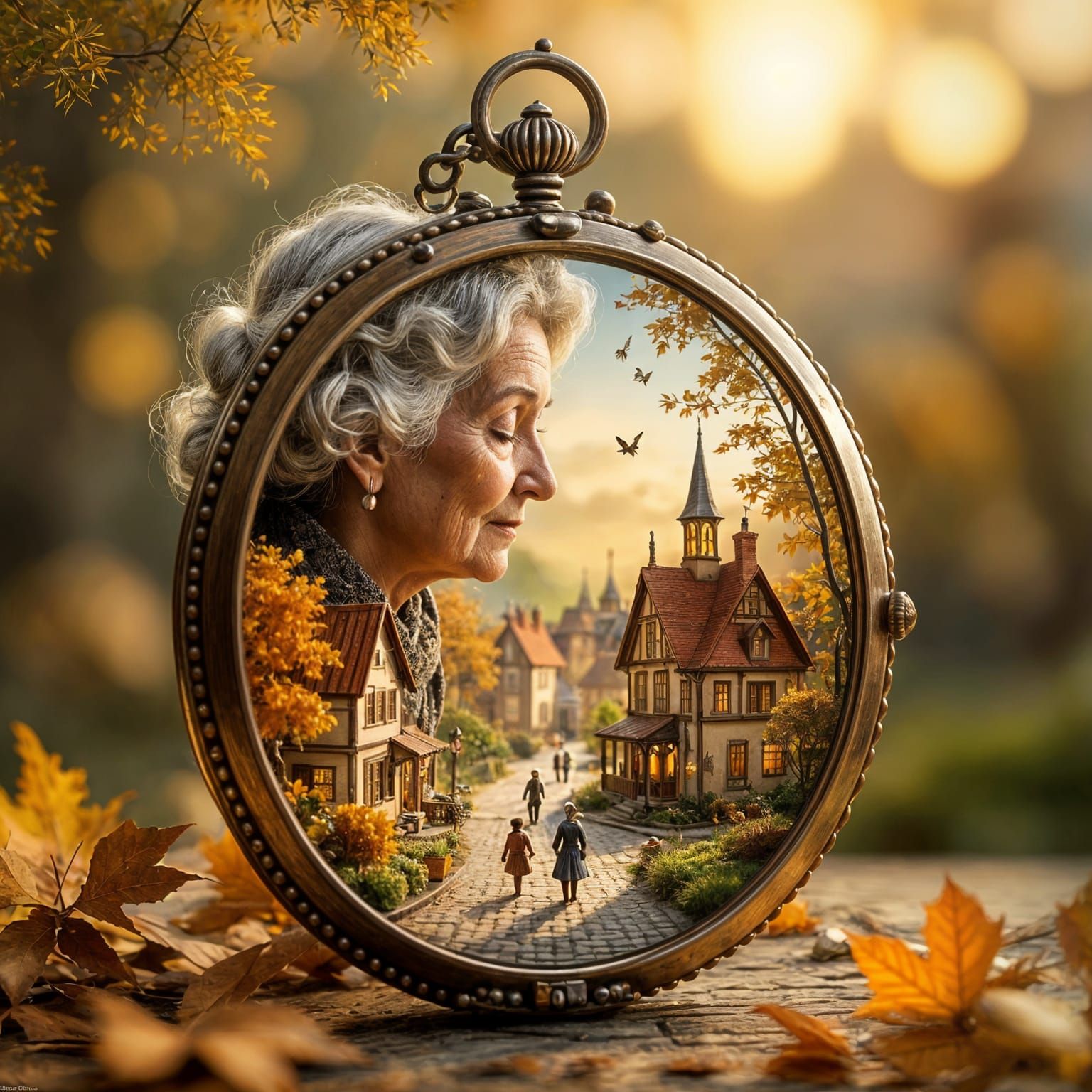 Elderly Woman Dreams of Miniature Autumn Village in Locket