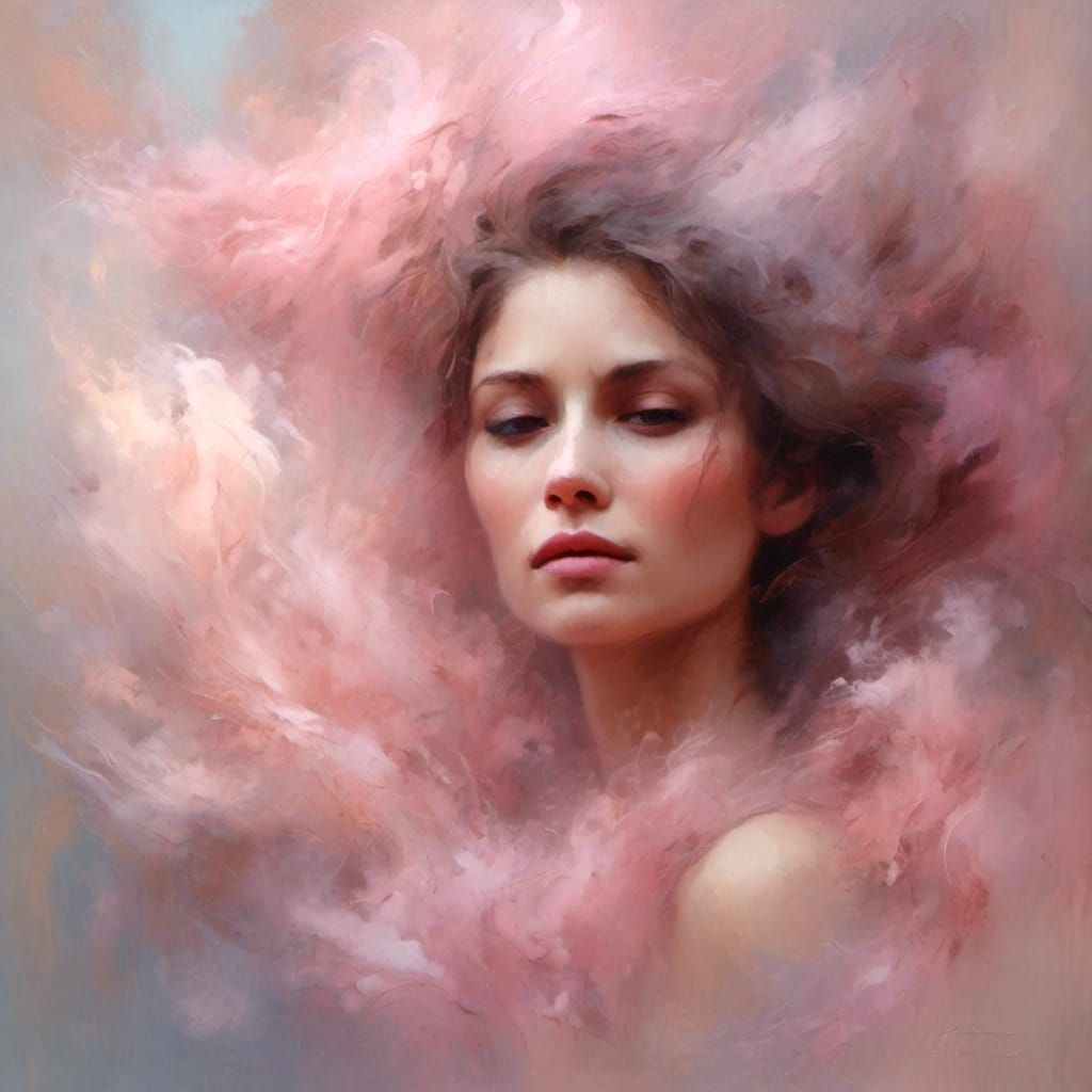 Ethereal Woman Portrait in Cloud of Pink Smoke