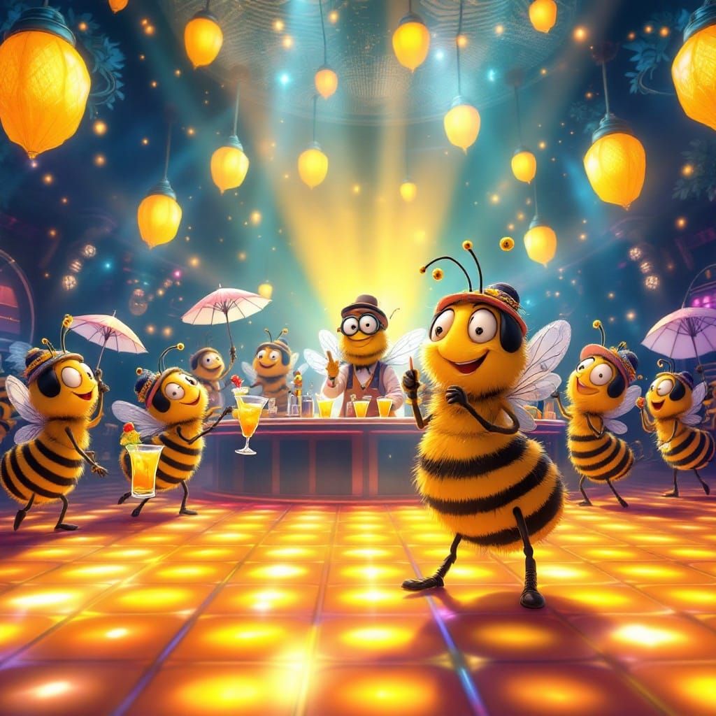 Whimsical Bees Dance the Night Away in Vibrant Nightclub
