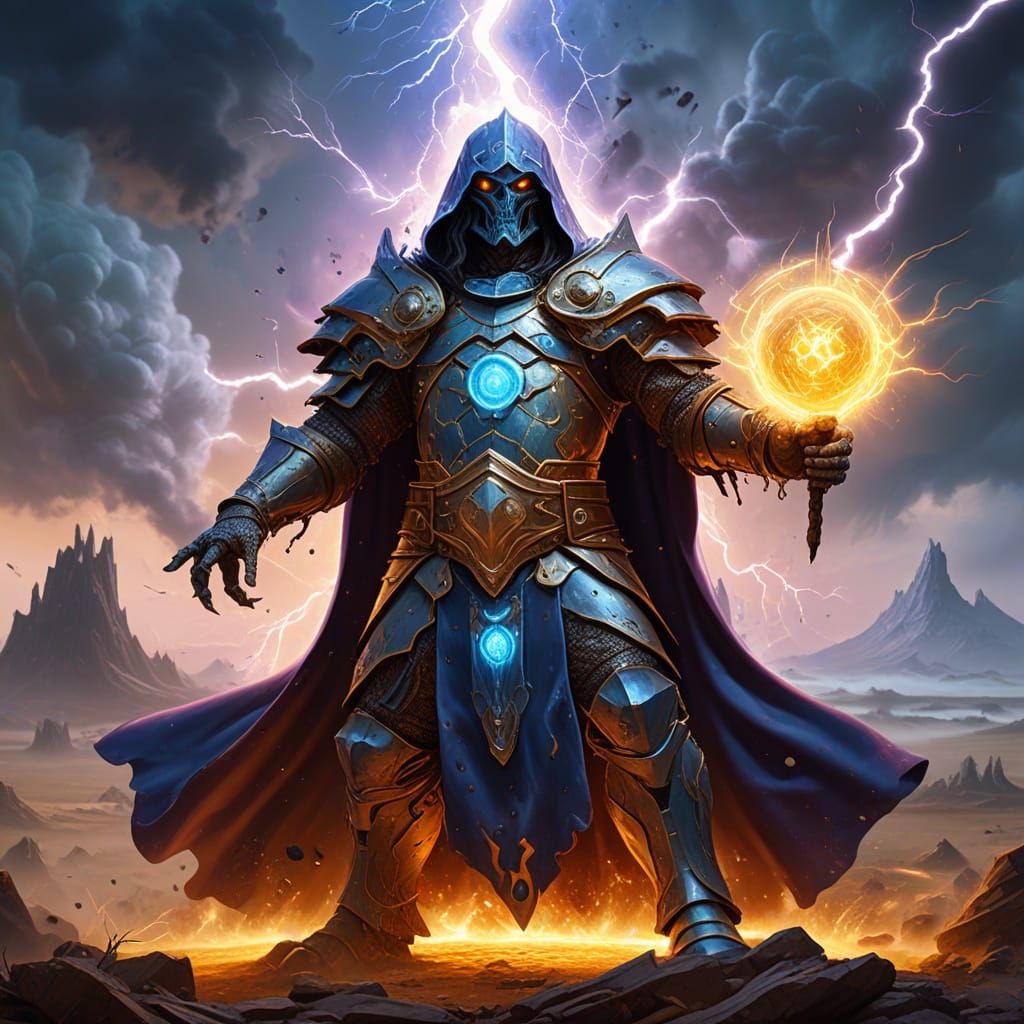 Digital painting. A godlike wizard, clad in battle mage armo...