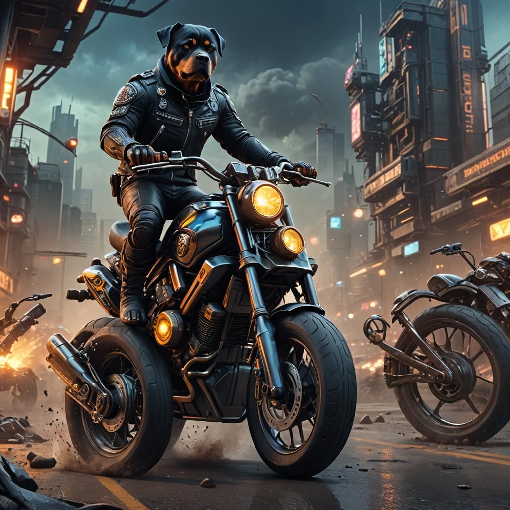 Biker Rottweiler on Futuristic Motorcycle