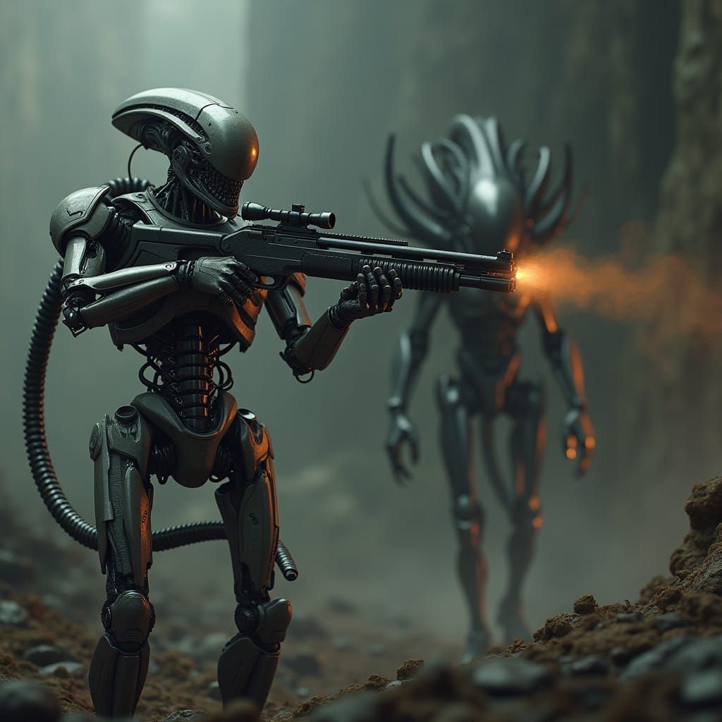 Cyberpunk Terminator Battles Alien in Post-Apocalyptic Dawn