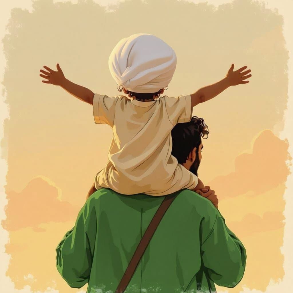 Man Carries Child in Golden, Serene Landscape