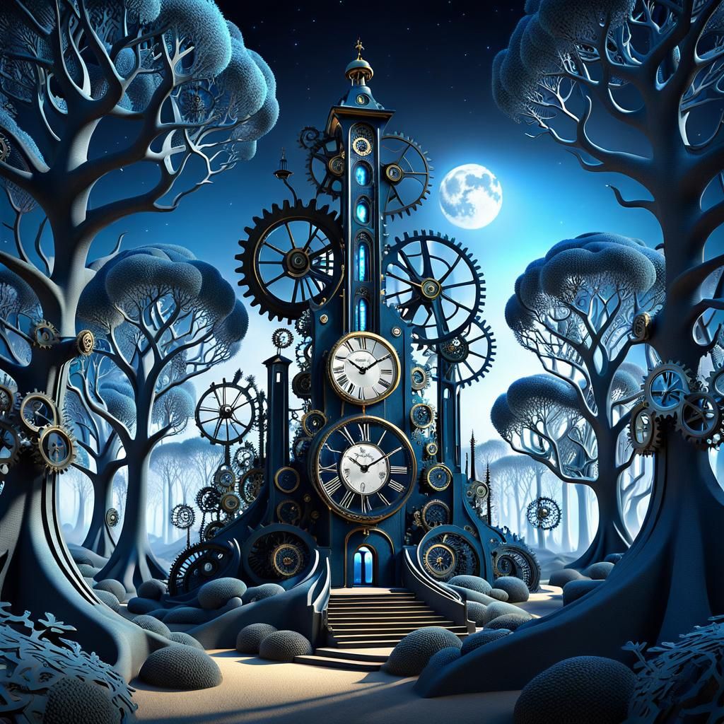 Clockwork Forest in Cold Blue Moonlight, Surreal 3D Render