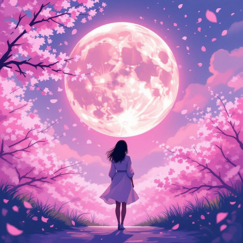 Woman Under Cherry Moon in Whimsical Style