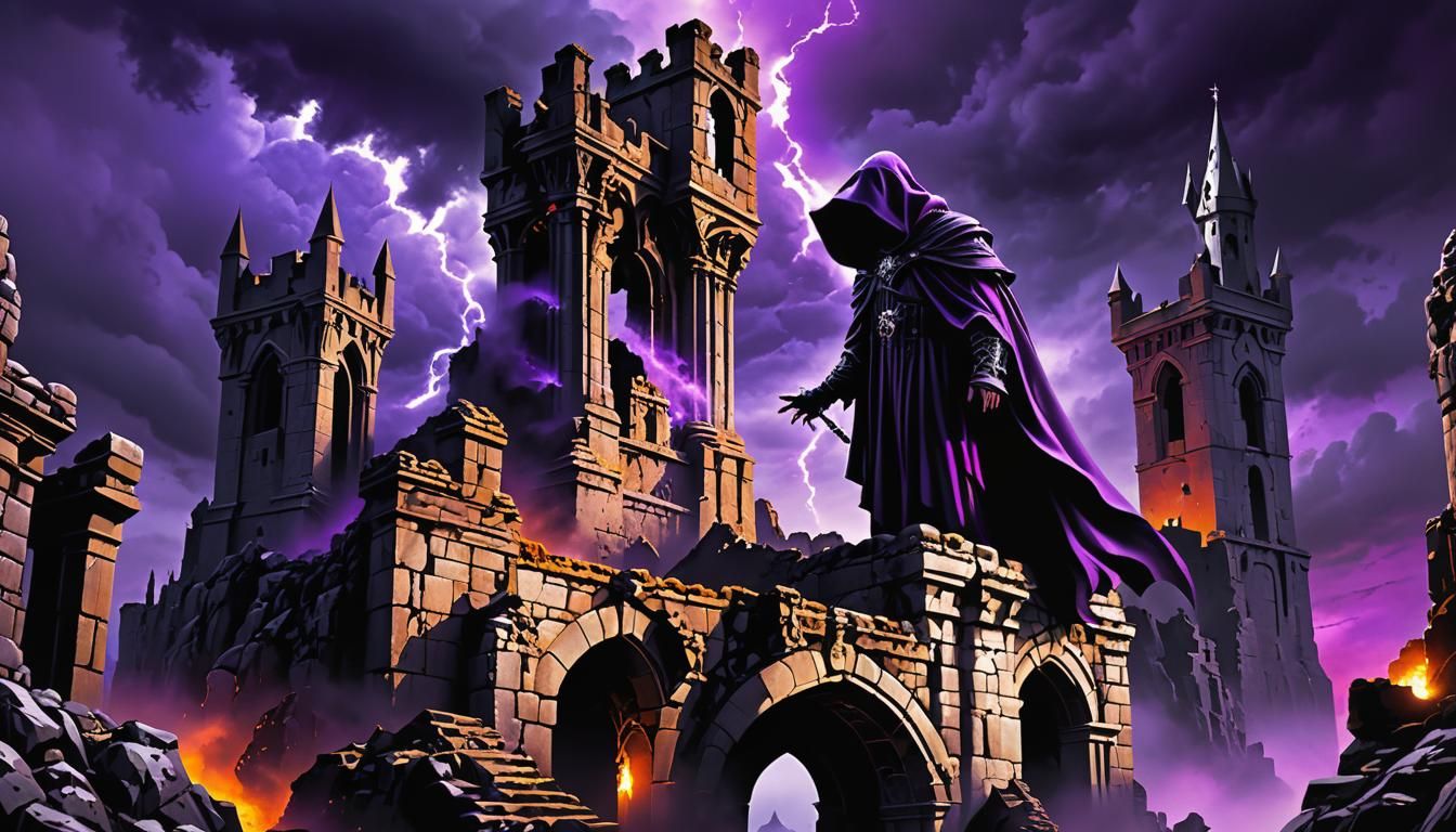 Mysterious Figure Amidst Ruins in Vibrant Gothic Landscape