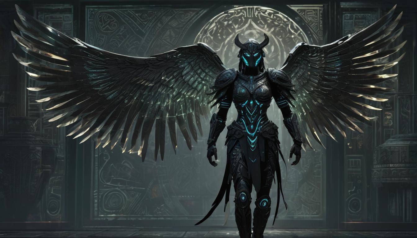 Biosynthetic Angel in Onyx Armor with Bioluminescent Runes