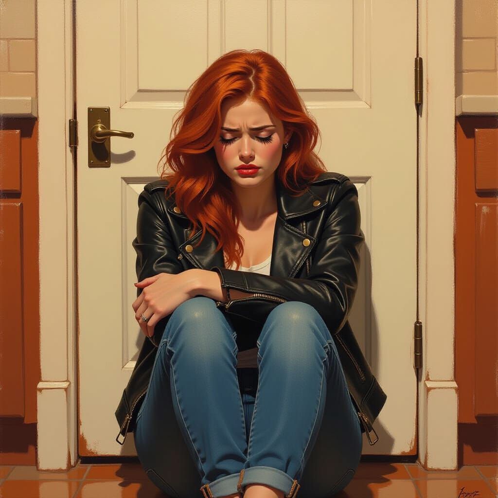 Red-Haired Woman's Emotional Portrait in Oil Painting Style