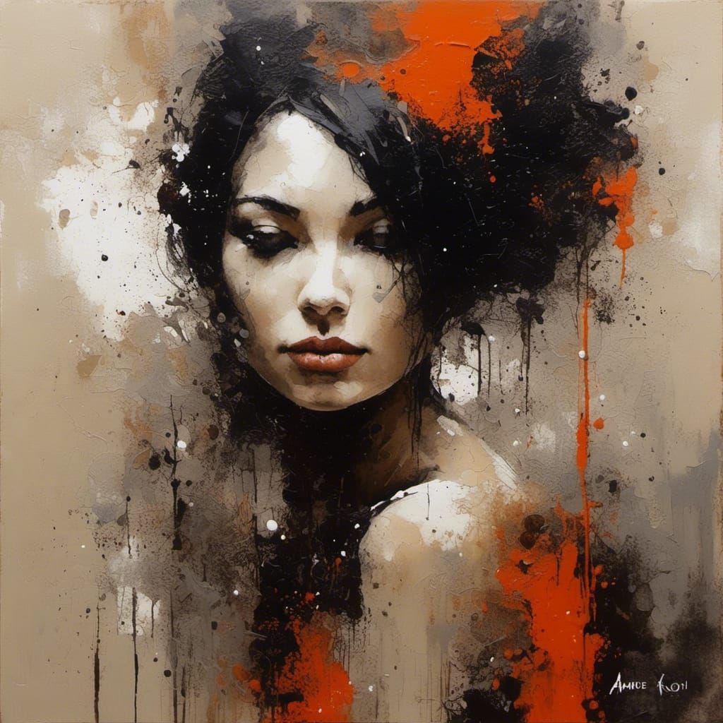 Portrait dark woman andre kohn-style, surreal acrylic drop <...
