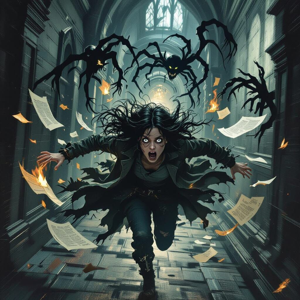 Terrified Person Flees Gothic Corridor in Cinematic Digital ...