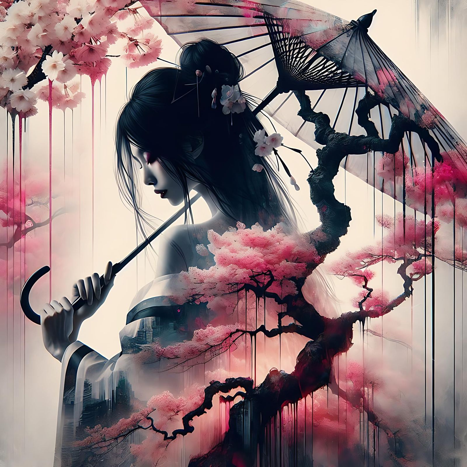 Ethereal Woman Under Sakura: Surreal Digital Art
