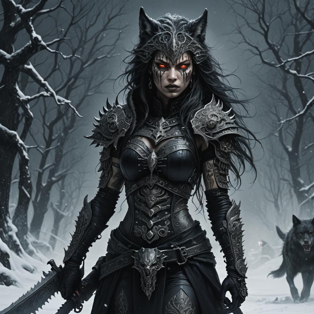 Wolf Warrior Woman in Dark Fantasy Landscape