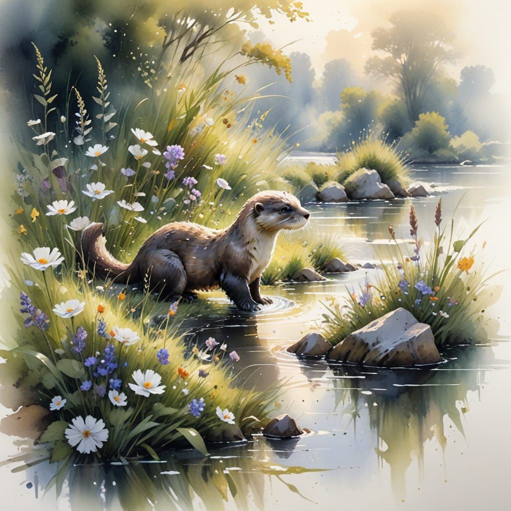Otter in Sunlit Meadow: Watercolour Painting