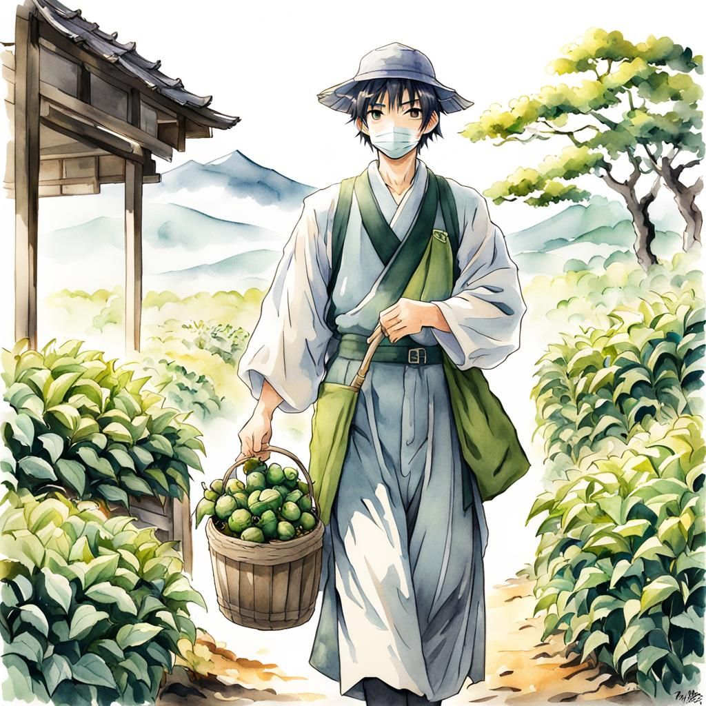 Young Tea Farmer in Anime Watercolor Style