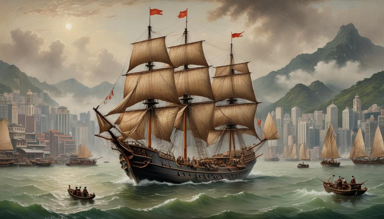 Chinese Junk Sails Victoria Harbor: Vintage Oil Painting