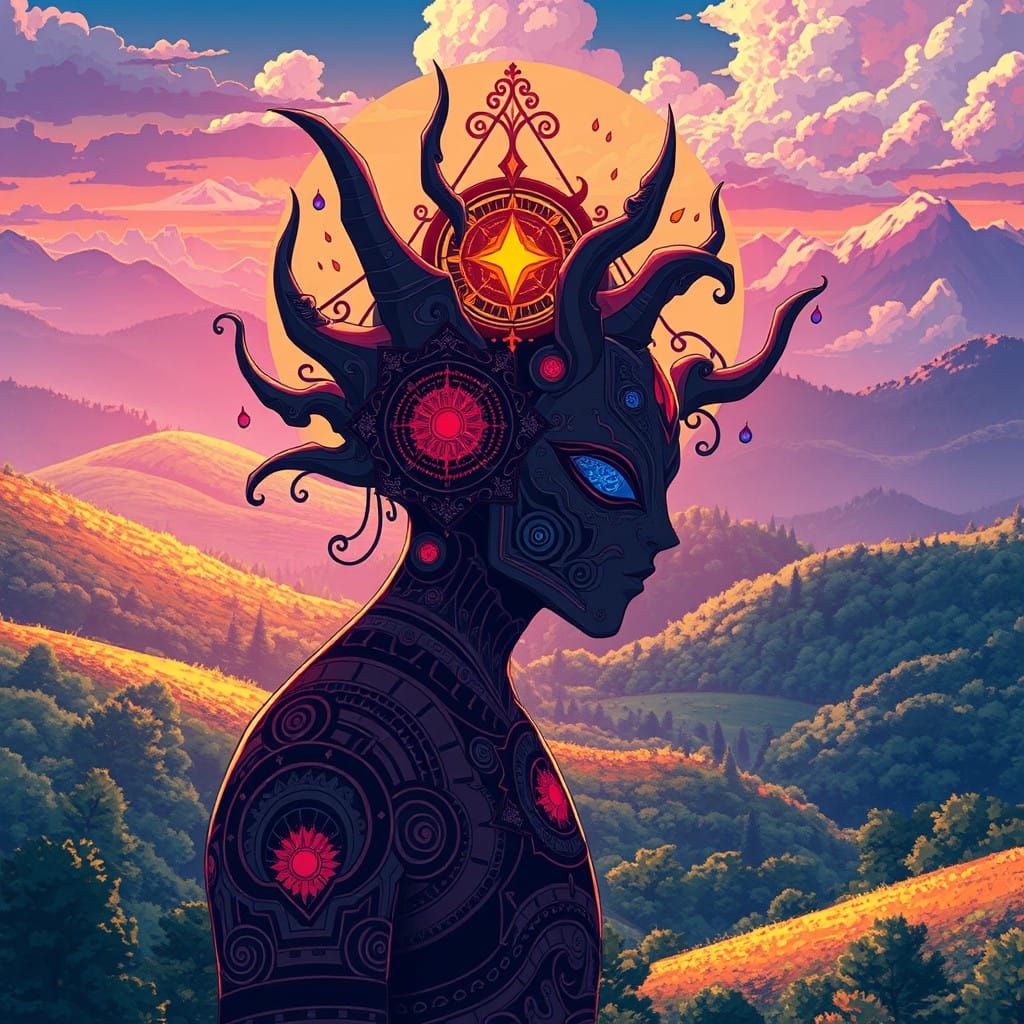 Enchanted Psychomath in Dreamlike Landscape