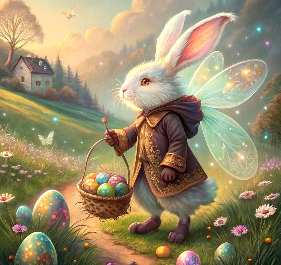 Whimsical White Bunny in Victorian Garb with Fairy Wings