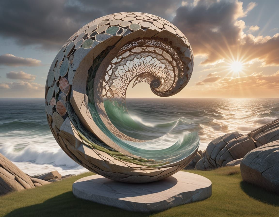 Morphostasis Multiply Embodied Barely-Contained Storm in a Stone Lace Pebble 3D Collage Sculpture Under Knitted Living C...