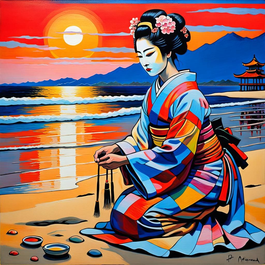 Geisha at Sunset: An Oil Painting in Mondrian Style
