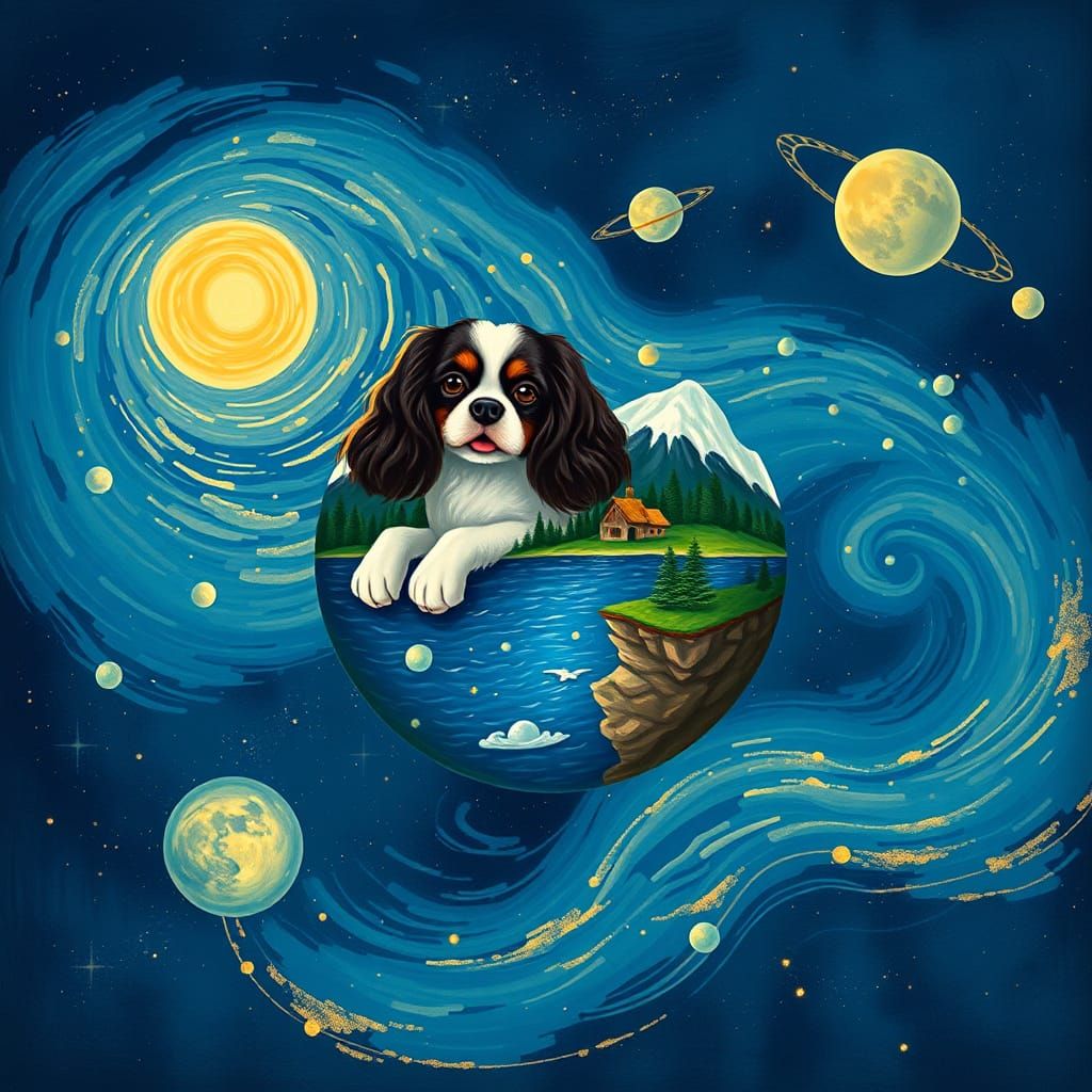 Cavalier Spaniel as Planet in Starry Night Style