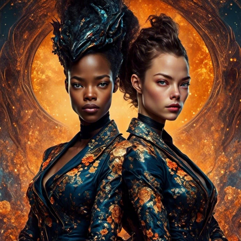 Glossy Figures in Double Exposure, Art Nouveau Style