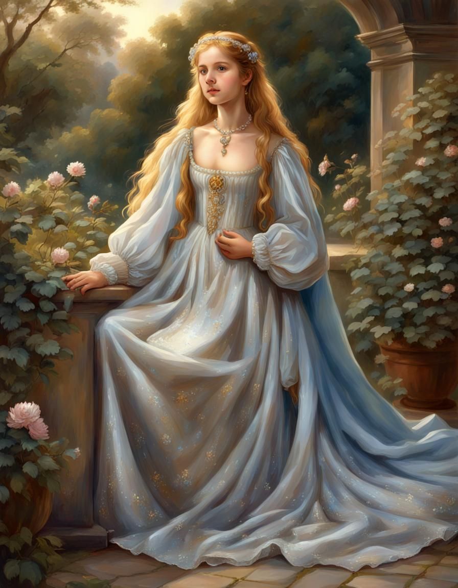 Renaissance Girl with Golden Hair in Garden