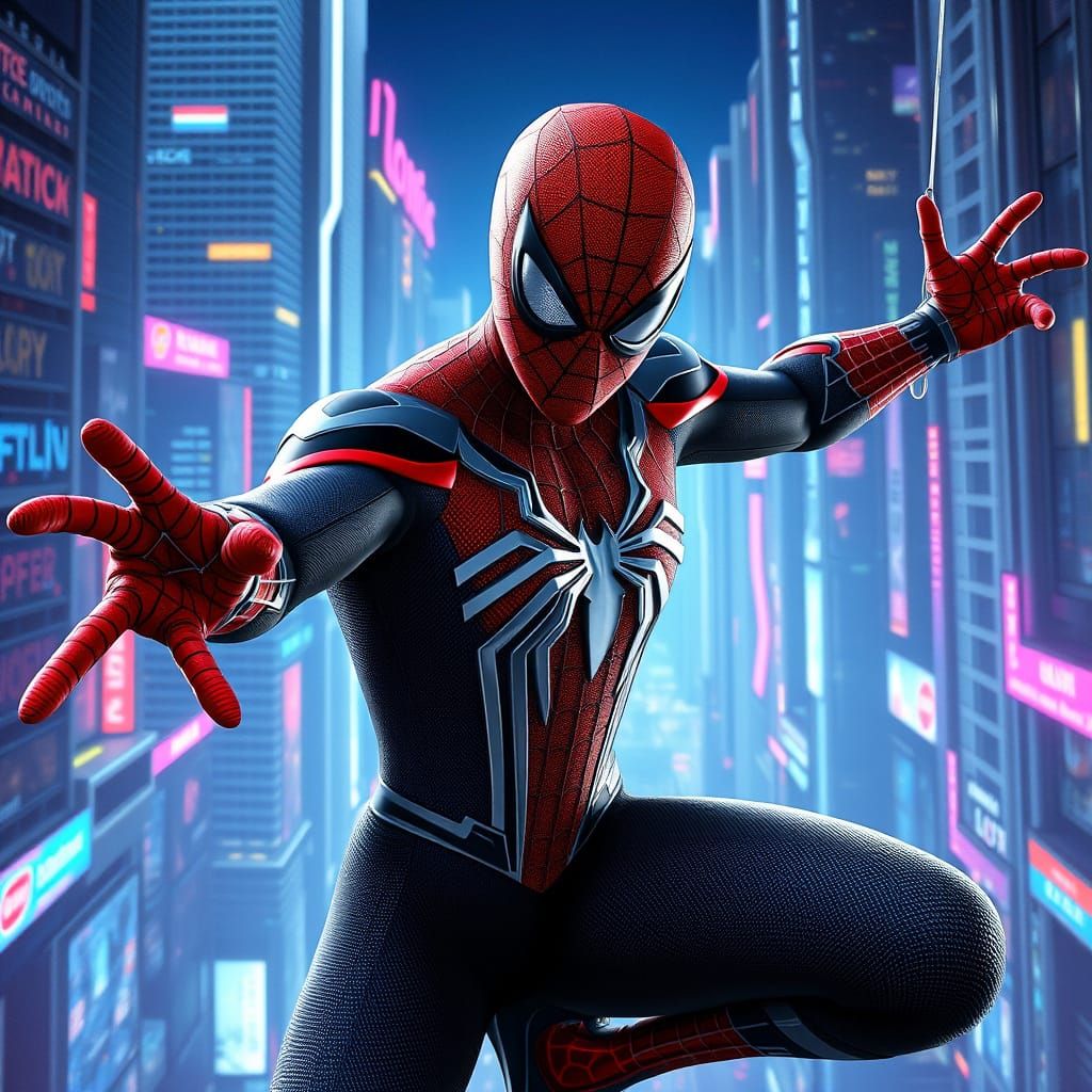 Heroic Spiderman in Futuristic Cityscape
