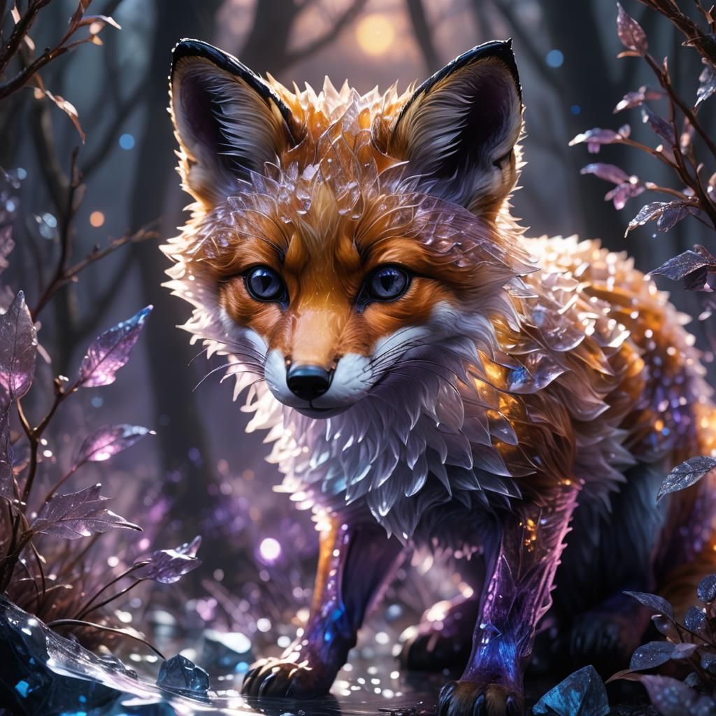 Crystal Fox Sculpture in Misty Forest, Digital Art